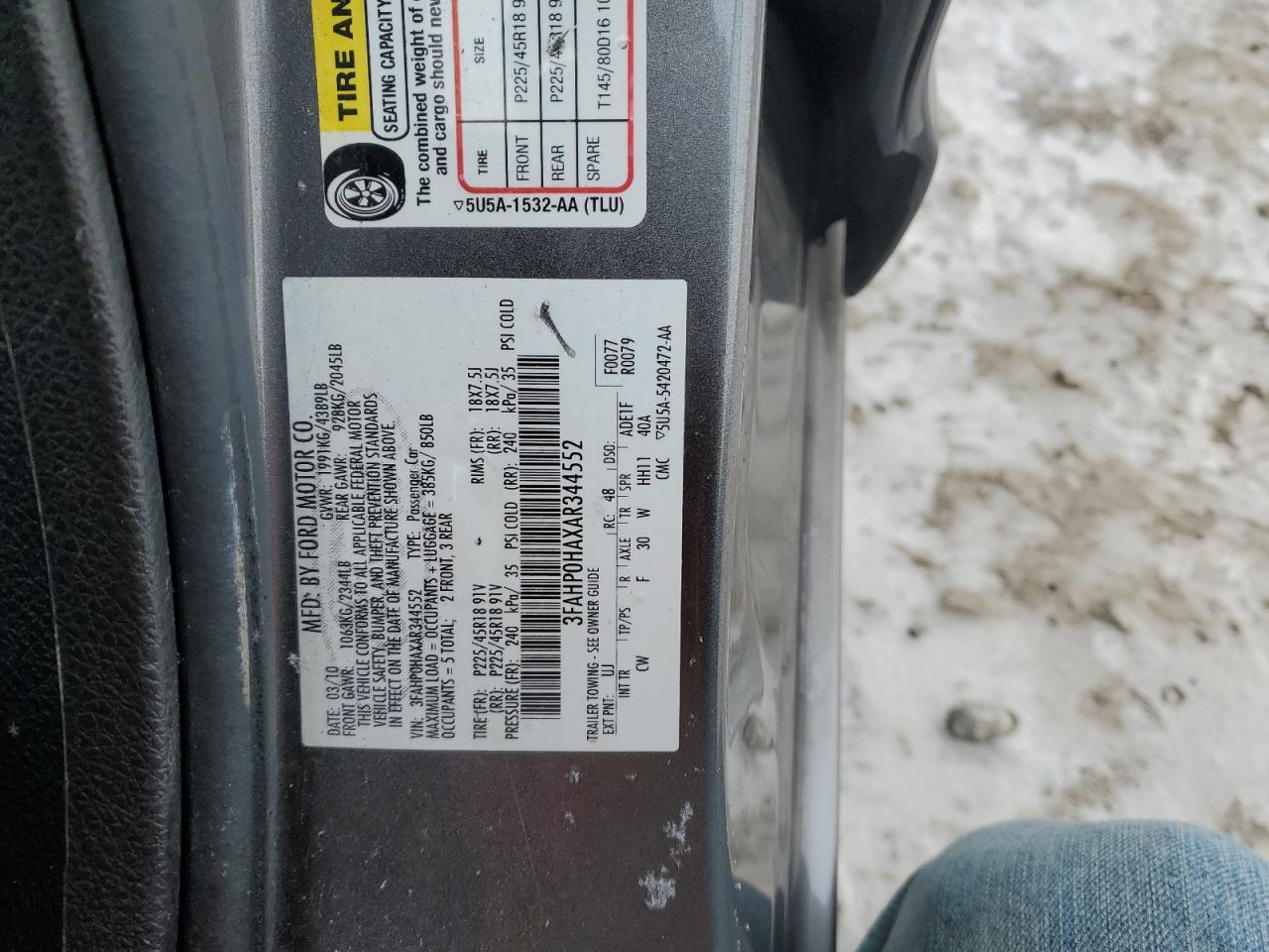 2010 Ford Fusion VIN 3FAHP0HAXAR344552 Copart auction photo, front end damage thumbnail 12