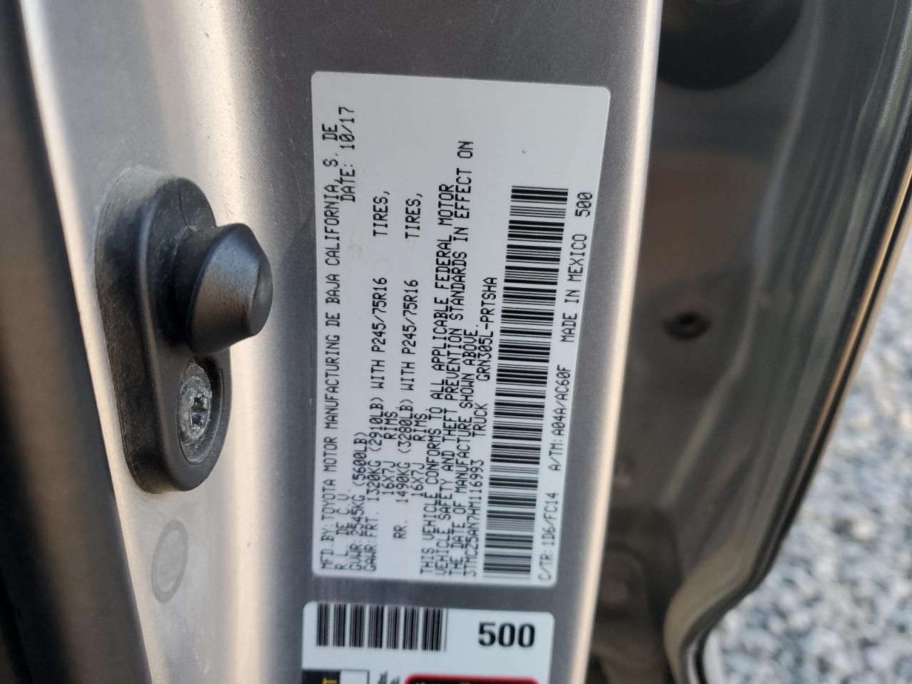2017 Toyota Tacoma VIN 3TMCZ5AN7HM116993 Copart auction photo, rear end damage thumbnail 12
