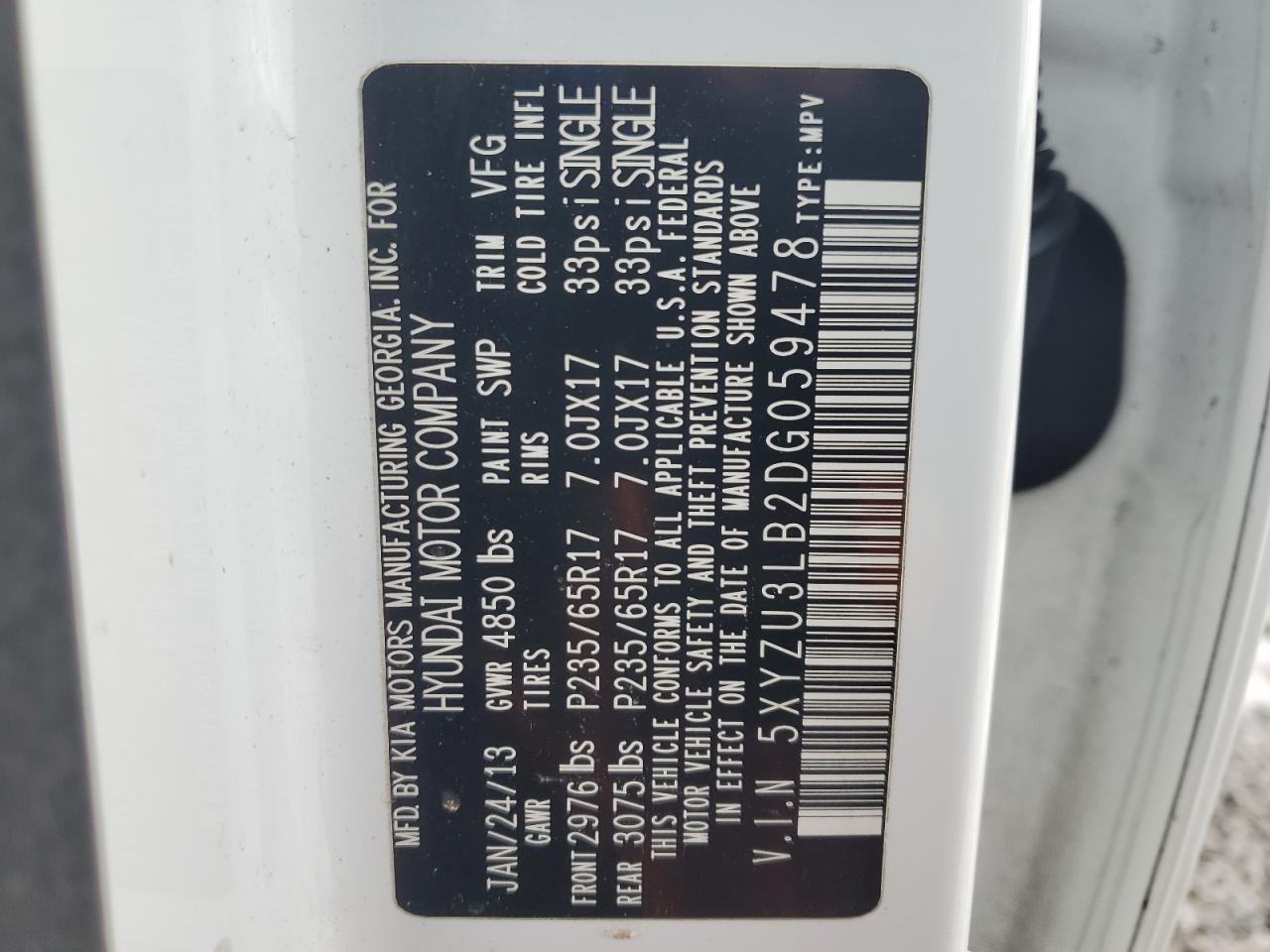 2013 Hyundai Santa Fe VIN 5XYZU3LB2DG059478 Copart auction photo, front end / side damage thumbnail 16