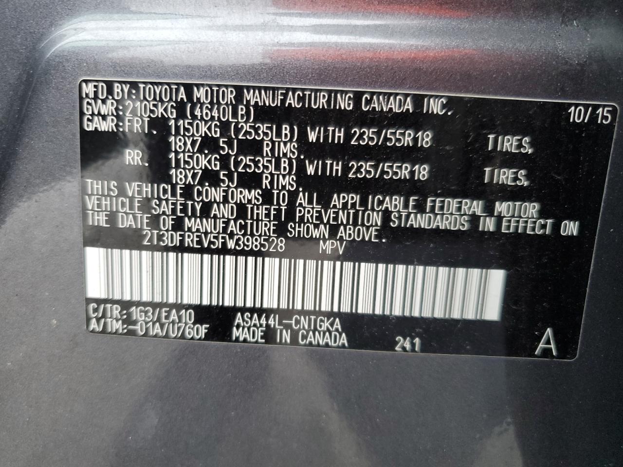 2015 Toyota RAV 4 VIN 2T3DFREV5FW398528 Copart auction photo, front end damage thumbnail 15