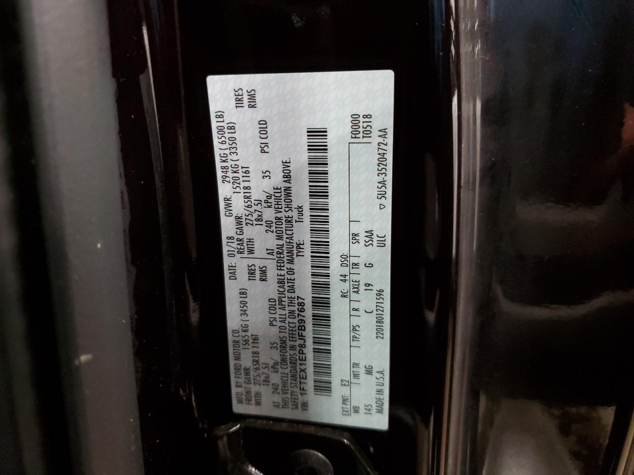 2018 Ford F-150 VIN 1FTEX1EP8JFB97687 Copart auction photo, front end damage thumbnail 15