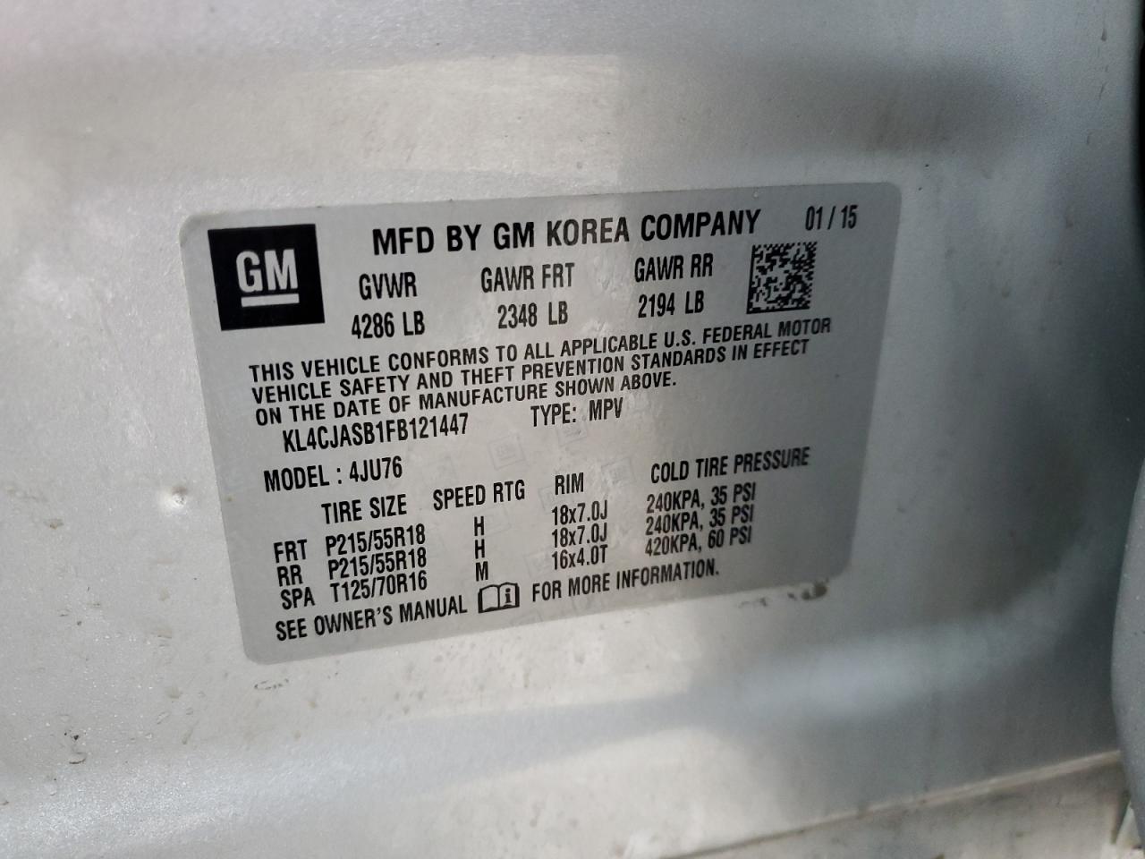 2015 Buick Encore VIN KL4CJASB1FB121447 Copart auction photo, front end damage thumbnail 15