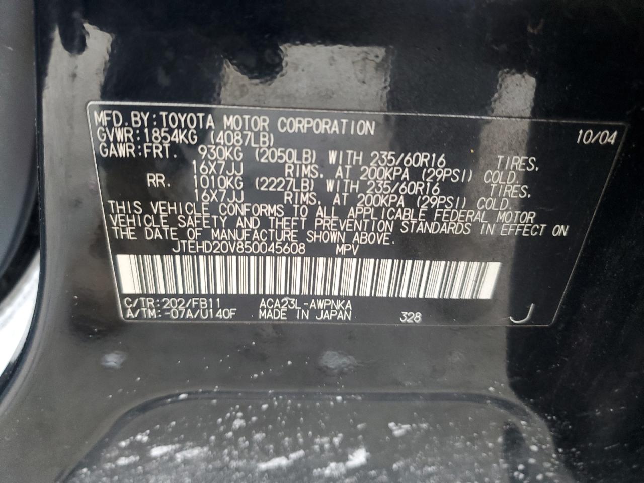2005 Toyota RAV 4 VIN JTEHD20V850045608 Copart auction photo, rear end / minor dent/scratches damage thumbnail 13
