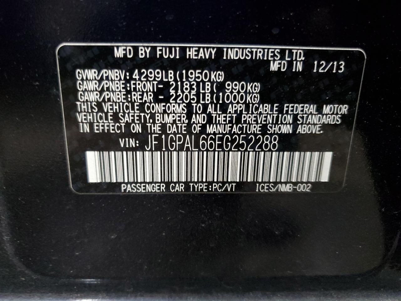 2014 Subaru Impreza VIN JF1GPAL66EG252288 Copart auction photo, rear end / hail damage thumbnail 14