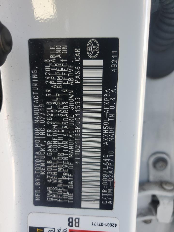 2019 Toyota Avalon VIN 4T1B21FB6KU011593 Copart auction photo, front end / side damage thumbnail 12