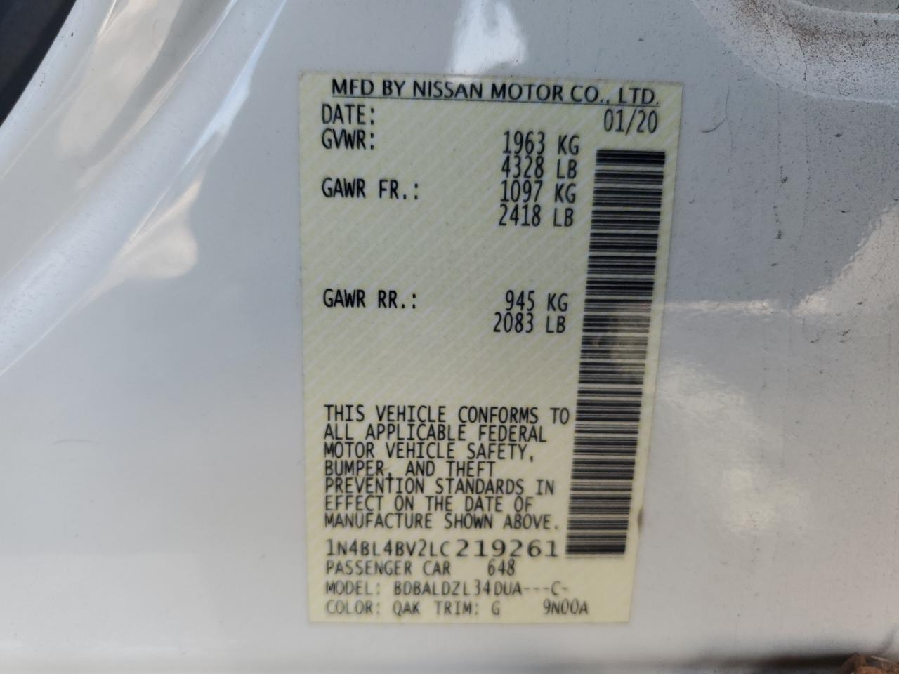 2020 Nissan Altima VIN 1N4BL4BV2LC219261 Copart auction photo, front end / side damage thumbnail 14