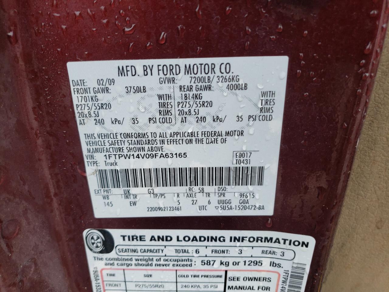 2009 Ford F-150 VIN 1FTPW14V09FA63165 Copart auction photo, burn - engine / burn - interior damage thumbnail 12