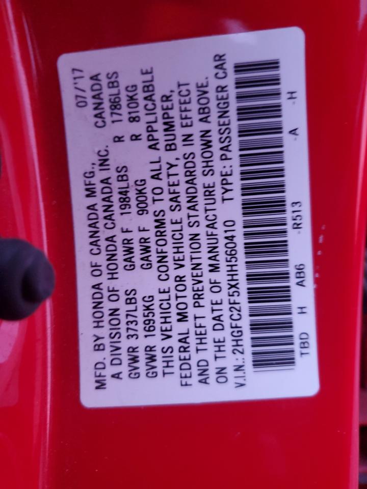 2017 Honda Civic VIN 2HGFC2F5XHH560410 Copart auction photo, all over damage thumbnail 14