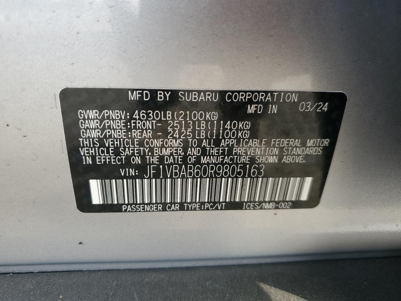 2024 Subaru WRX VIN JF1VBAB60R9805163 Copart auction photo, front end damage thumbnail 14