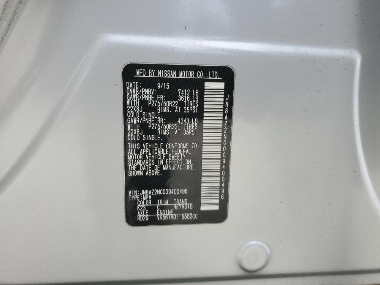 2016 Infiniti QX80 VIN JN8AZ2NC0G9400496 Copart auction photo, front end damage thumbnail 13