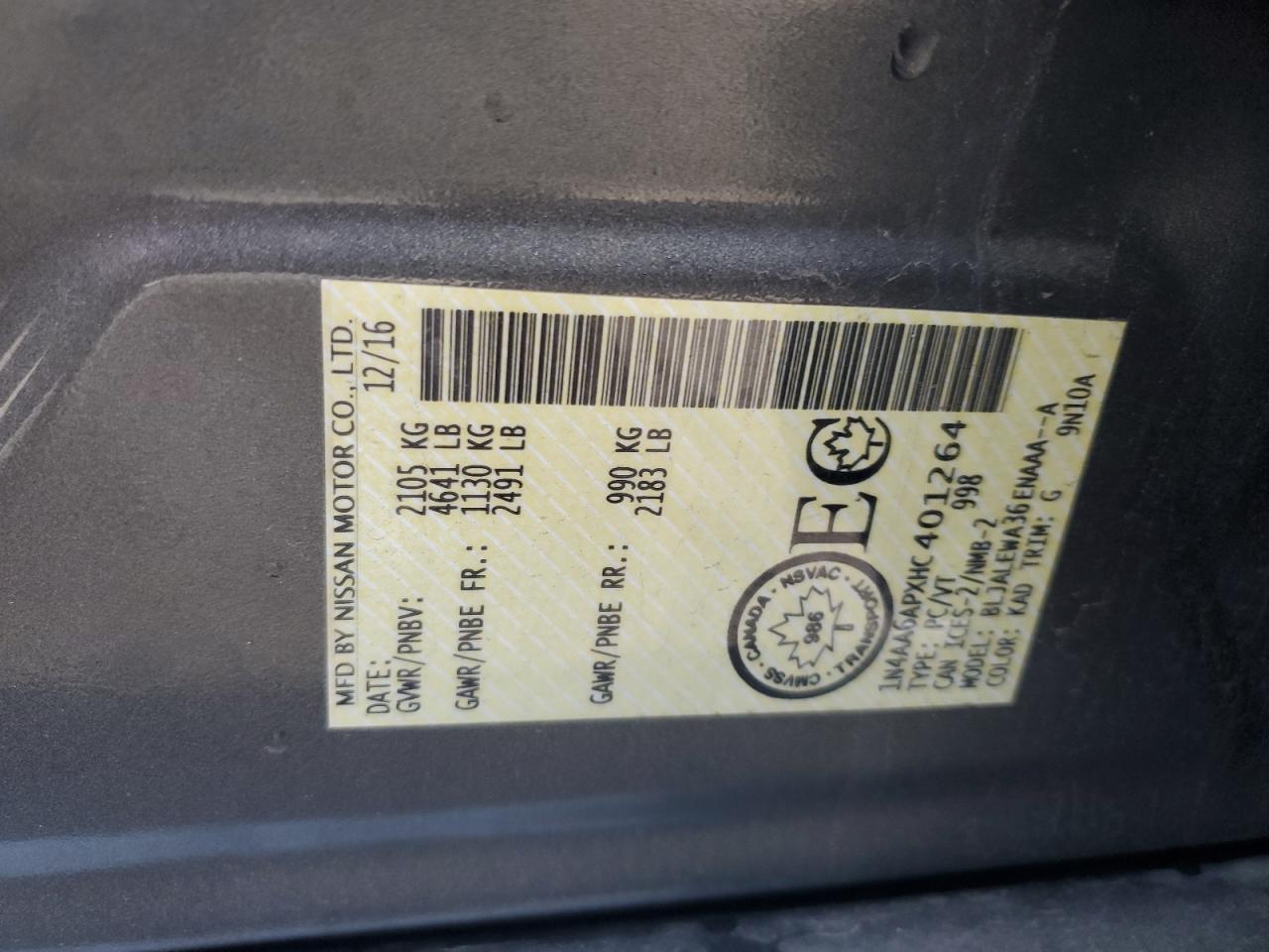 2017 Nissan Maxima VIN 1N4AA6APXHC401264 Copart auction photo, front end damage thumbnail 14