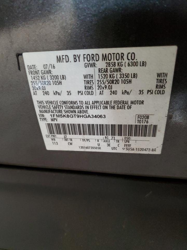 2017 Ford Explorer VIN 1FM5K8GT9HGA34063 Copart auction photo, front end damage thumbnail 13