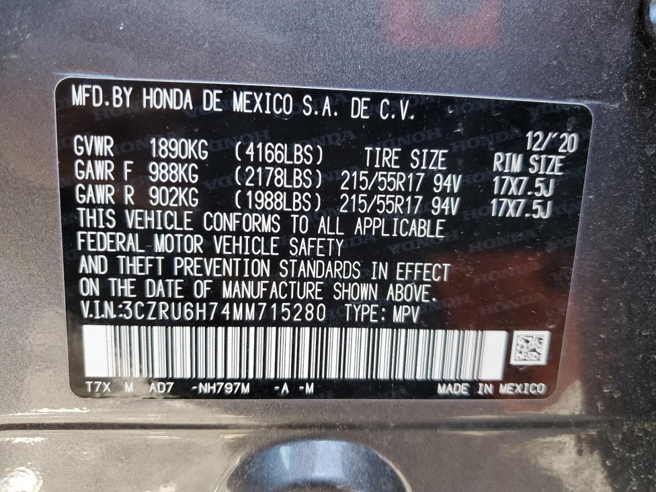 2021 Honda HR-V VIN 3CZRU6H74MM715280 Copart auction photo, front end / minor dent/scratches damage thumbnail 12