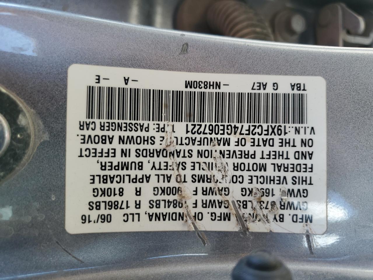 2016 Honda Civic VIN 19XFC2F74GE067221 Copart auction photo, rollover damage thumbnail 14
