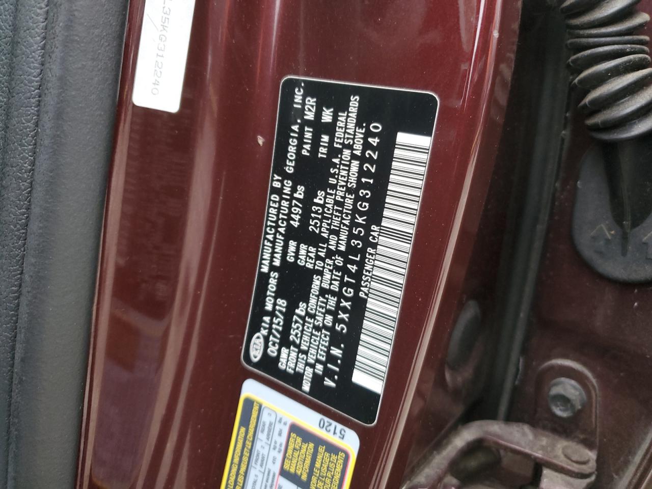 2019 KIA Optima VIN 5XXGT4L35KG312240 Copart auction photo, mechanical damage thumbnail 12