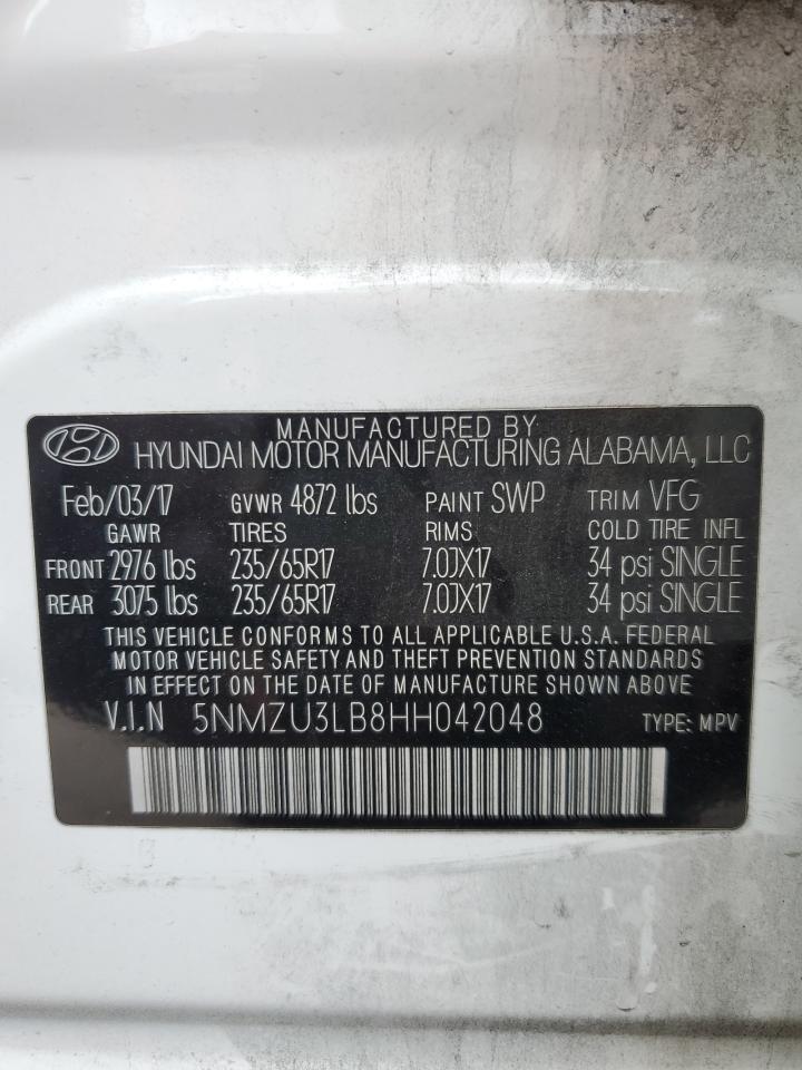 2017 Hyundai Santa Fe VIN 5NMZU3LB8HH042048 Copart auction photo, minor dent/scratches damage thumbnail 13