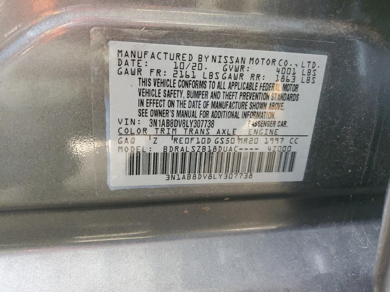 2020 Nissan Sentra VIN 3N1AB8DV8LY307738 Copart auction photo, rear end / front end damage thumbnail 12