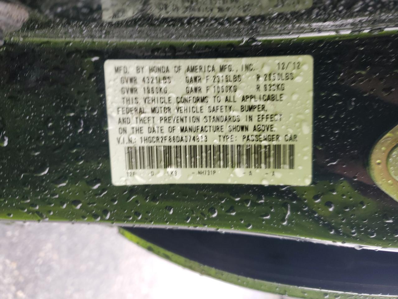2013 Honda Accord VIN 1HGCR2F86DA074813 Copart auction photo, front end / side damage thumbnail 15