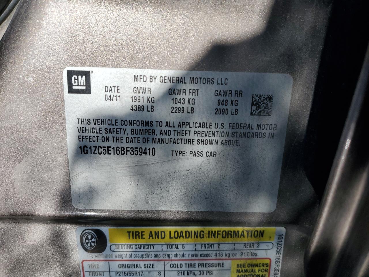 2011 Chevrolet Malibu VIN 1G1ZC5E16BF359410 Copart auction photo, front end damage thumbnail 12