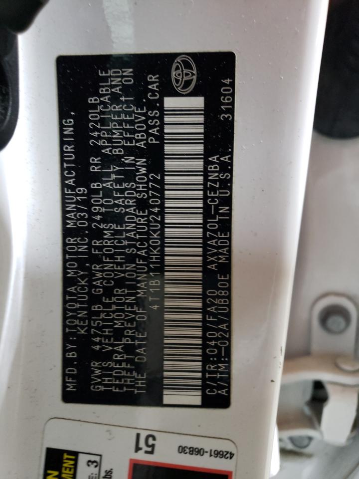 2019 Toyota Camry VIN 4T1B11HK0KU240772 Copart auction photo, front end / minor dent/scratches damage thumbnail 13