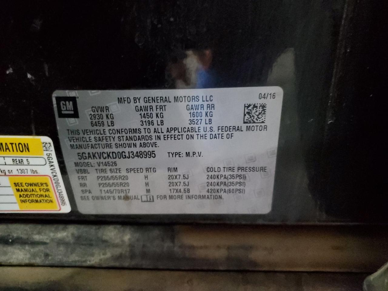 2016 Buick Enclave VIN 5GAKVCKD0GJ348995 Copart auction photo, side / front end damage thumbnail 14