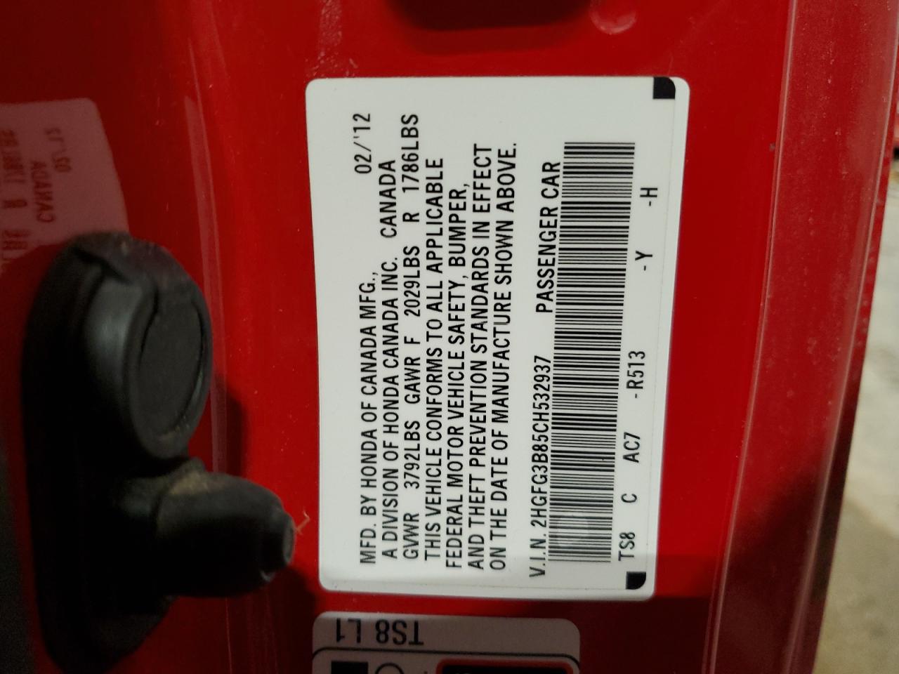 2012 Honda Civic VIN 2HGFG3B85CH532937 Copart auction photo, front end damage thumbnail 12