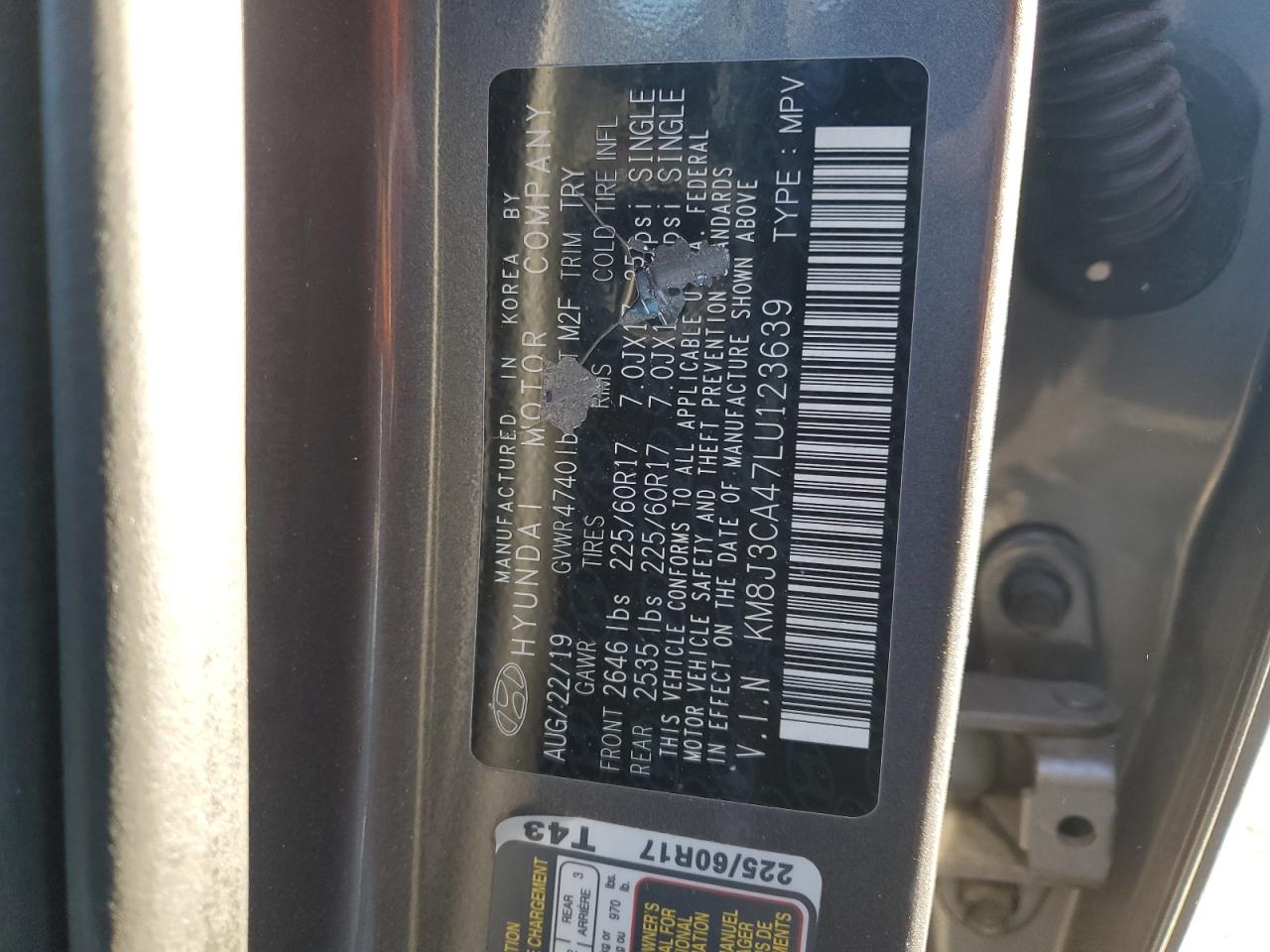 2020 Hyundai Tucson VIN KM8J3CA47LU123639 Copart auction photo, front end / rear end damage thumbnail 12