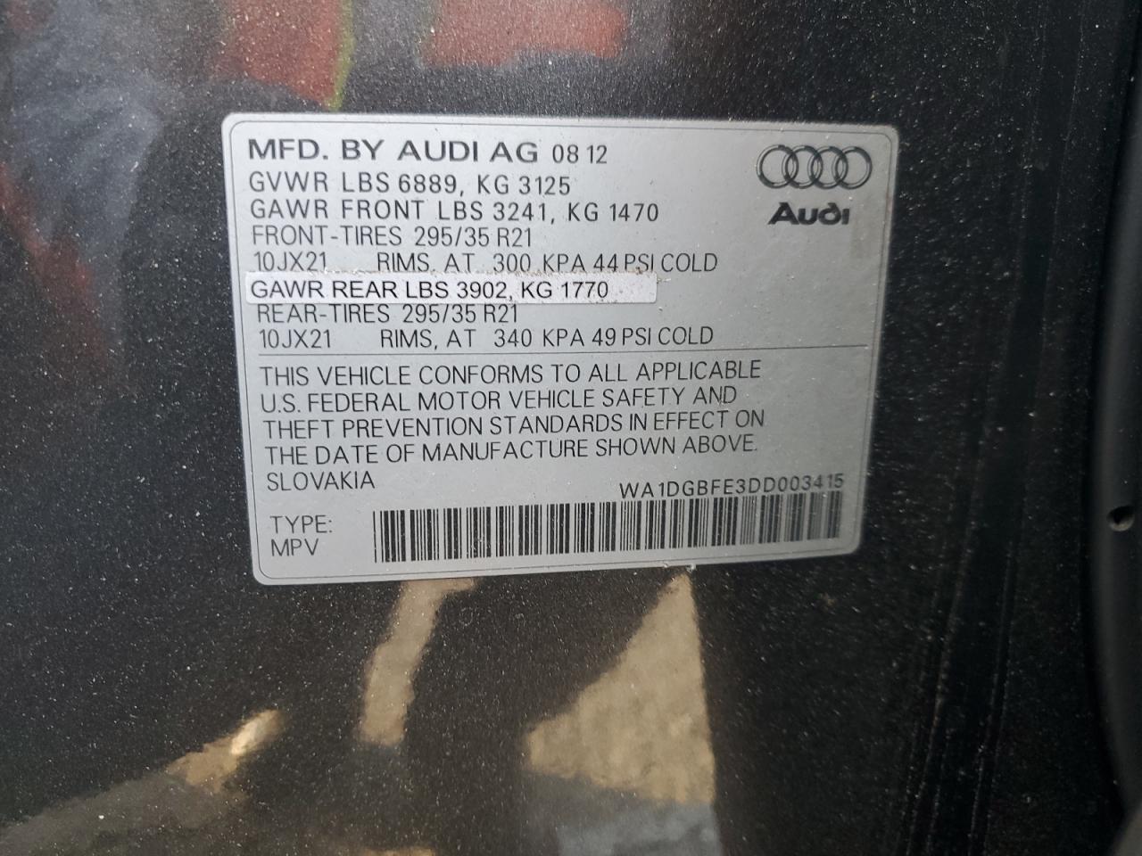 2013 Audi Q7 VIN WA1DGBFE3DD003415 Copart auction photo, minor dent/scratches damage thumbnail 13