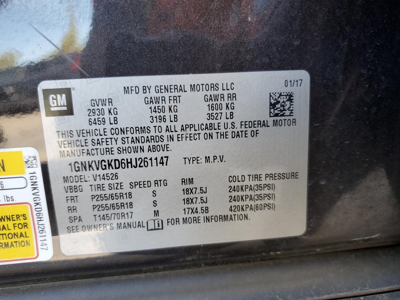 2017 Chevrolet Traverse VIN 1GNKVGKD6HJ261147 Copart auction photo, partial repair / rear end damage thumbnail 13