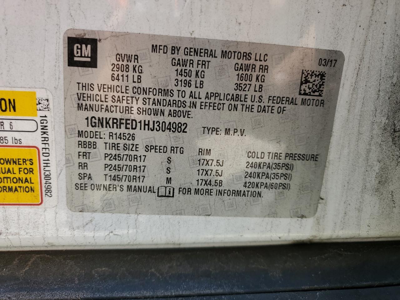 2017 Chevrolet Traverse VIN 1GNKRFED1HJ304982 Copart auction photo, rear end / side damage thumbnail 13
