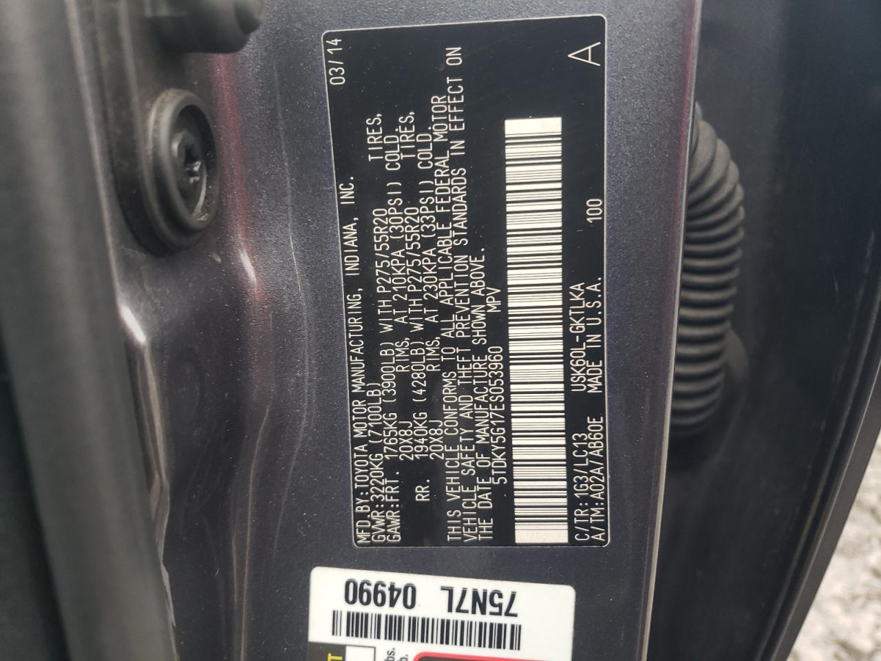 2014 Toyota Sequoia VIN 5TDKY5G17ES053960 Copart auction photo, front end damage thumbnail 13