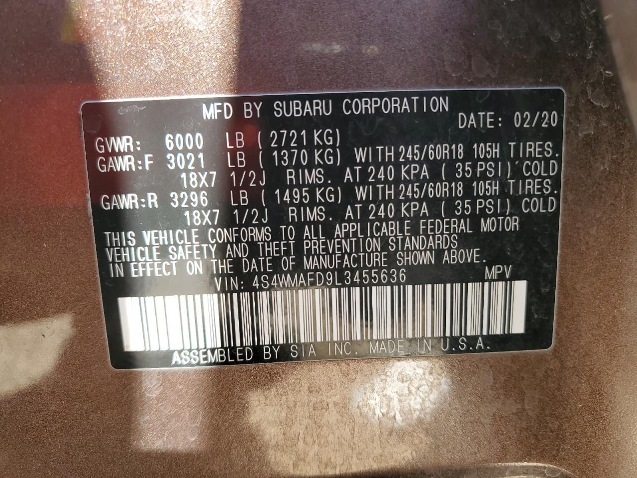 2020 Subaru Ascent VIN 4S4WMAFD9L3455636 Copart auction photo, all over / minor dent/scratches damage thumbnail 16