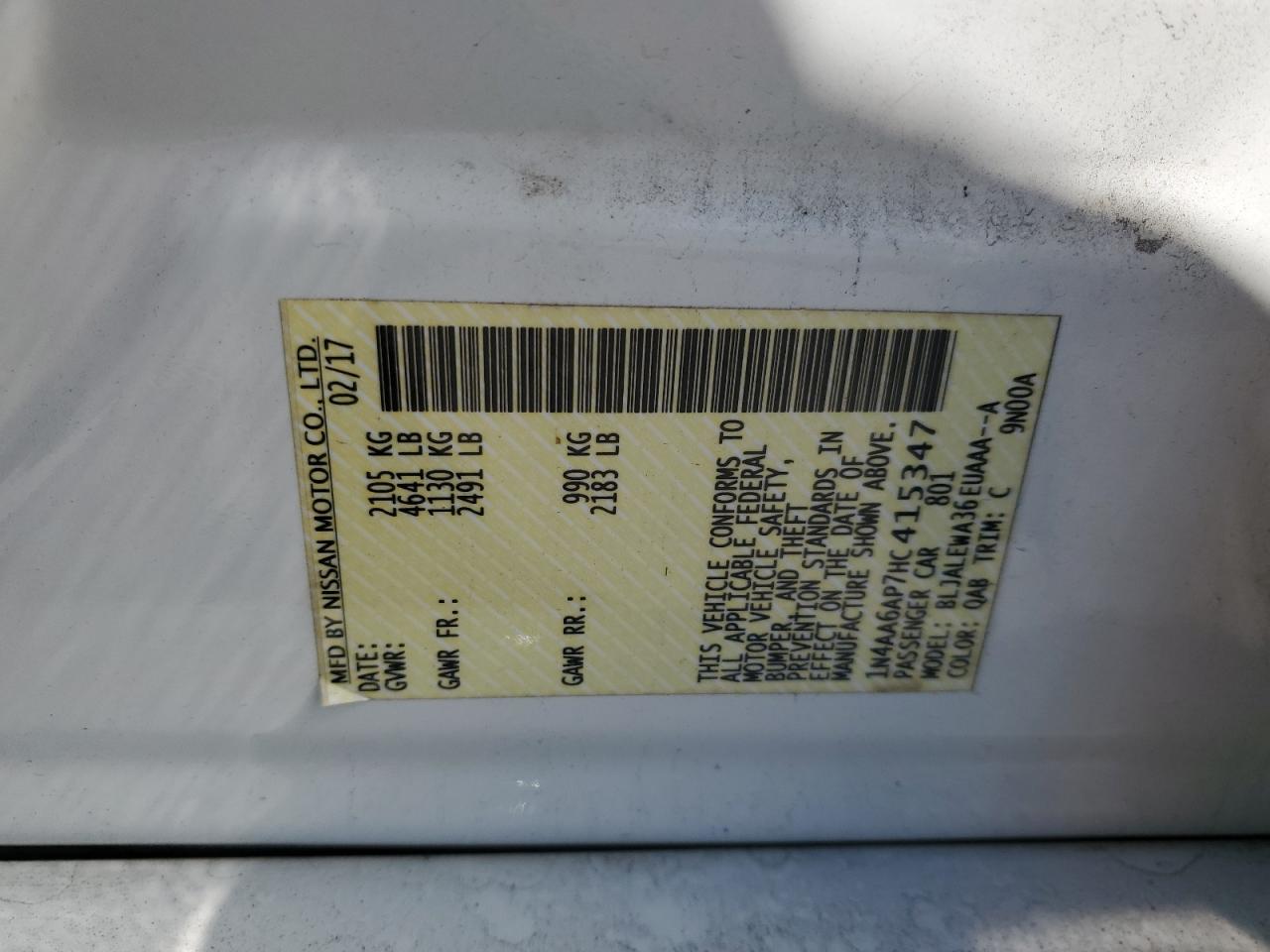 2017 Nissan Maxima VIN 1N4AA6AP7HC415347 Copart auction photo, undercarriage damage thumbnail 14