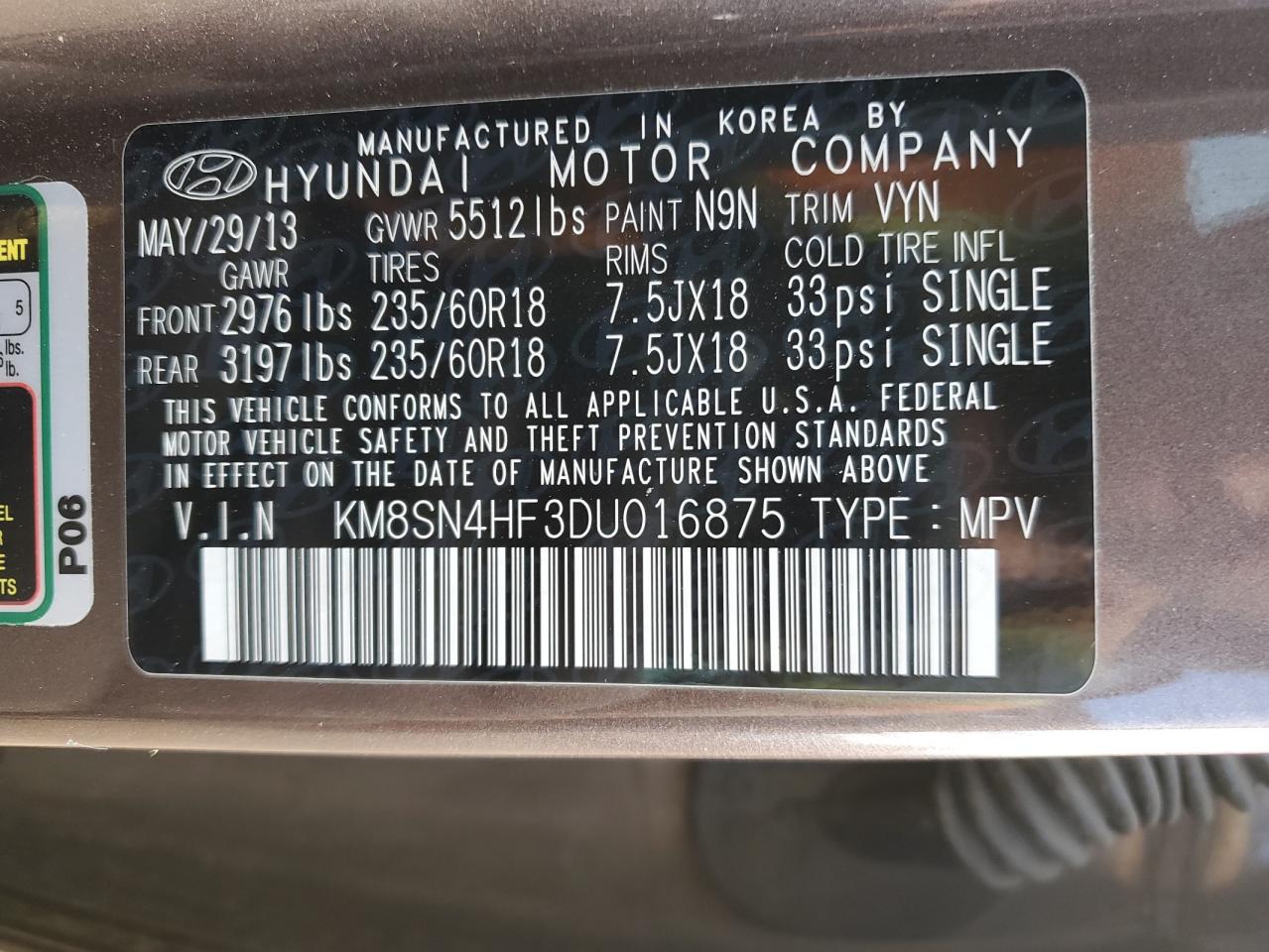 2013 Hyundai Santa Fe VIN KM8SN4HF3DU016875 Copart auction photo, side / front end damage thumbnail 13