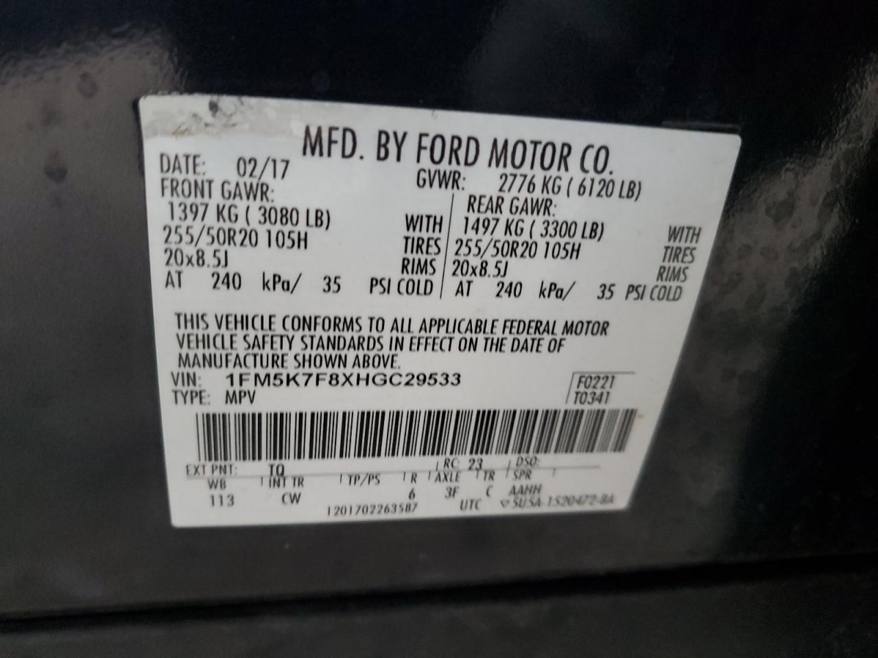 2017 Ford Explorer VIN 1FM5K7F8XHGC29533 Copart auction photo, front end damage thumbnail 16