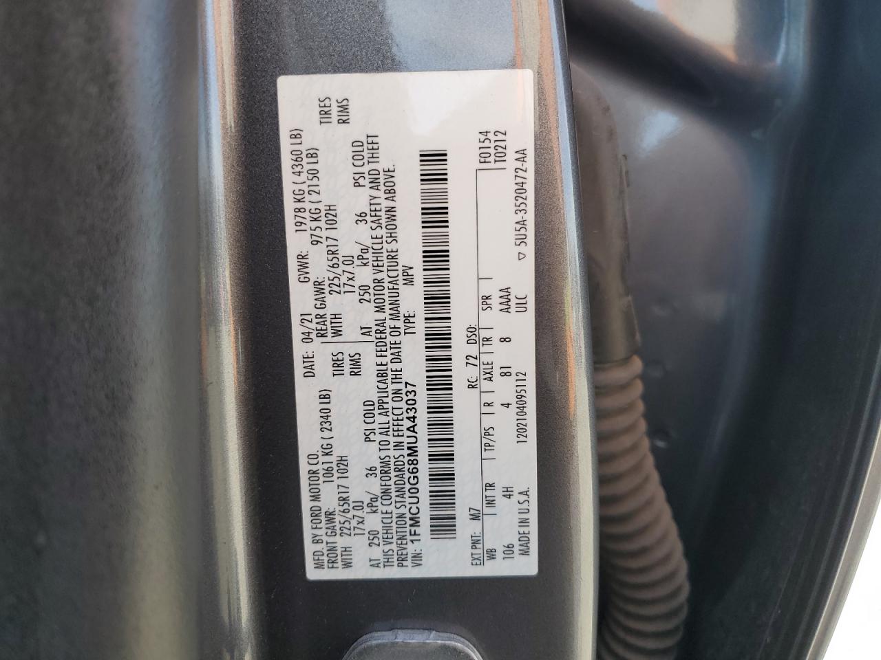 2021 Ford Escape VIN 1FMCU0G68MUA43037 Copart auction photo, front end / undercarriage damage thumbnail 15