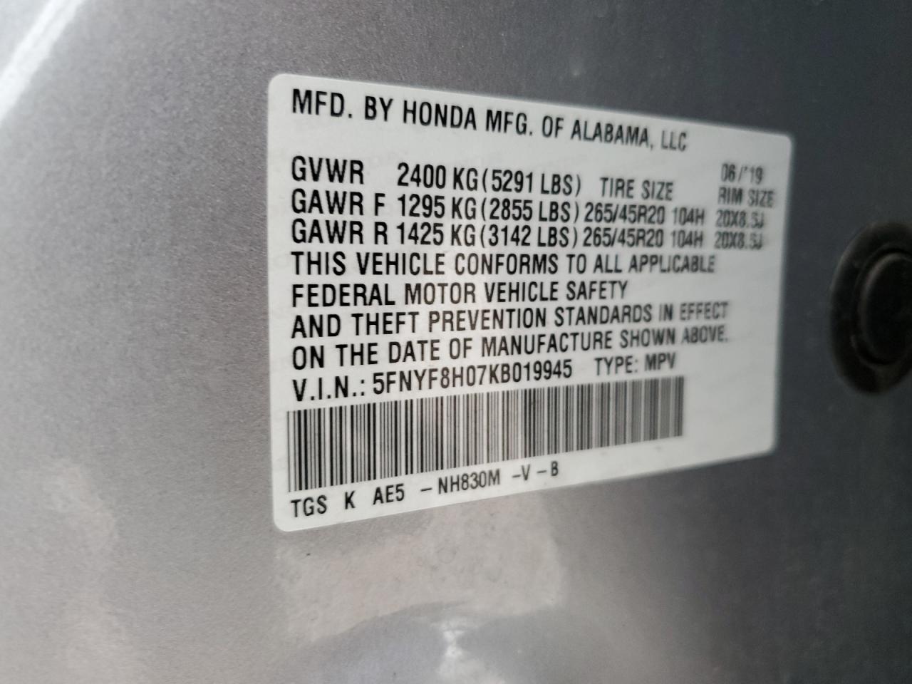 2019 Honda Passport VIN 5FNYF8H07KB019945 Copart auction photo, front end damage thumbnail 13
