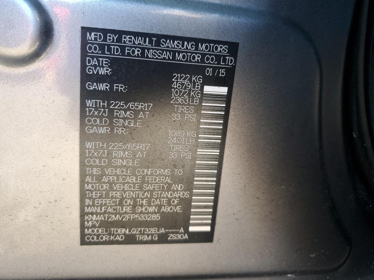 2015 Nissan Rogue VIN KNMAT2MV2FP533285 Copart auction photo, front end / rear end damage thumbnail 14
