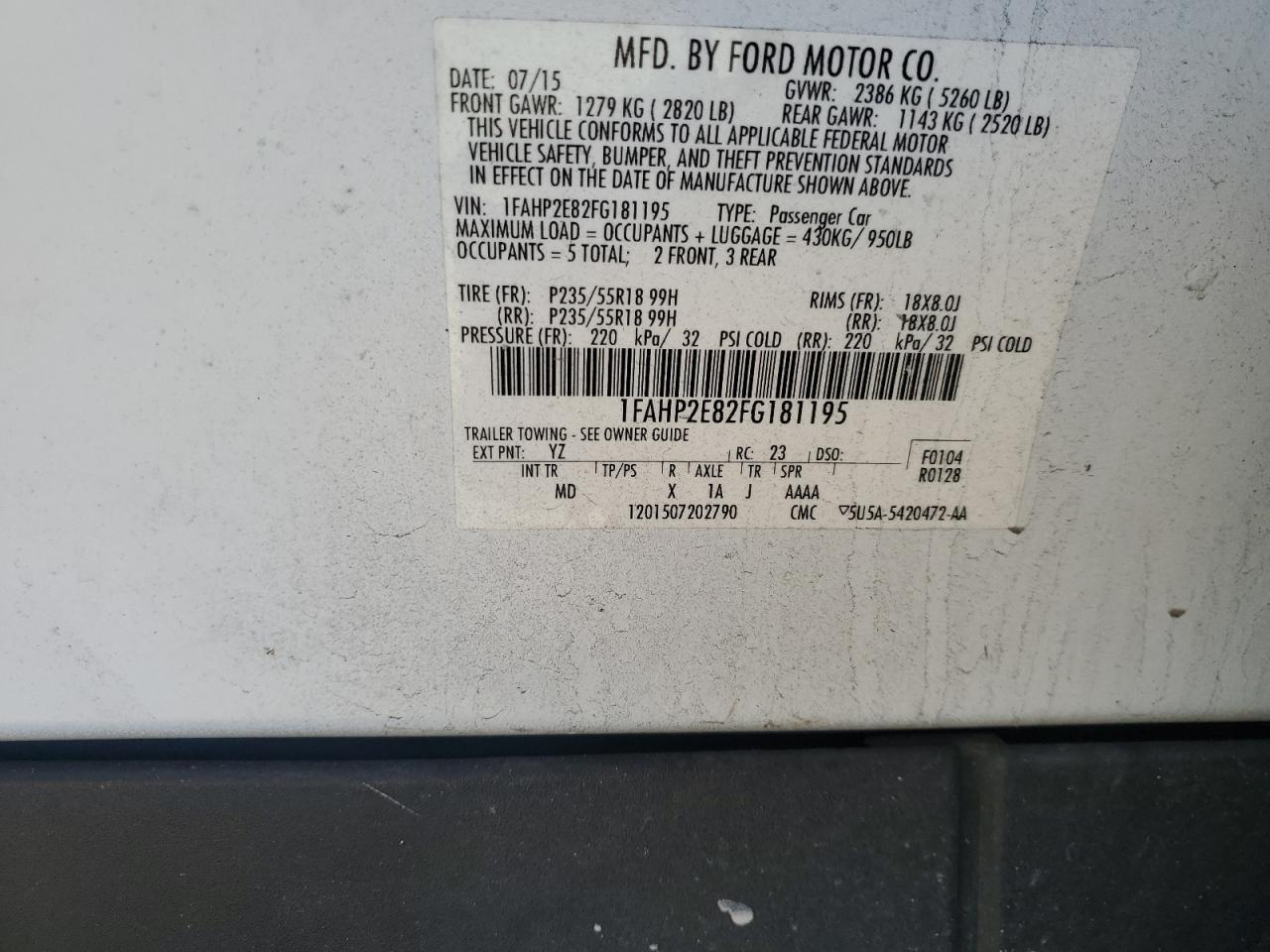 2015 Ford Taurus VIN 1FAHP2E82FG181195 Copart auction photo, side damage thumbnail 12