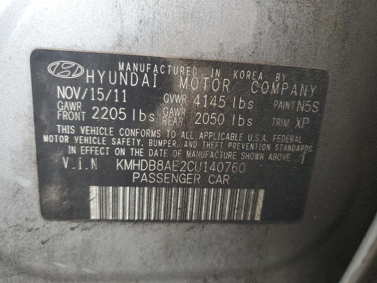 2012 Hyundai Elantra VIN KMHDB8AE2CU140760 Copart auction photo, side / all over damage thumbnail 14