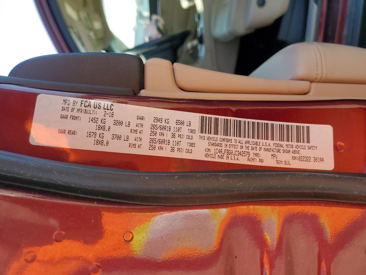 2018 Jeep Grand Cherokee VIN 1C4RJFBG0JC342579 Copart auction photo, front end damage thumbnail 13