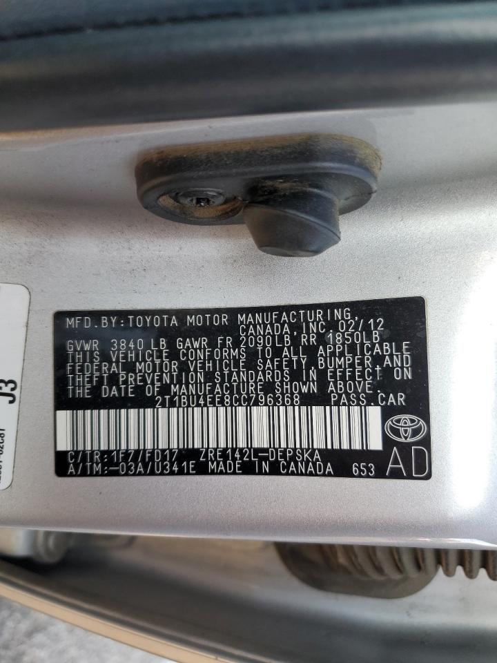2012 Toyota Corolla VIN 2T1BU4EE8CC796368 Copart auction photo, front end / minor dent/scratches damage thumbnail 12