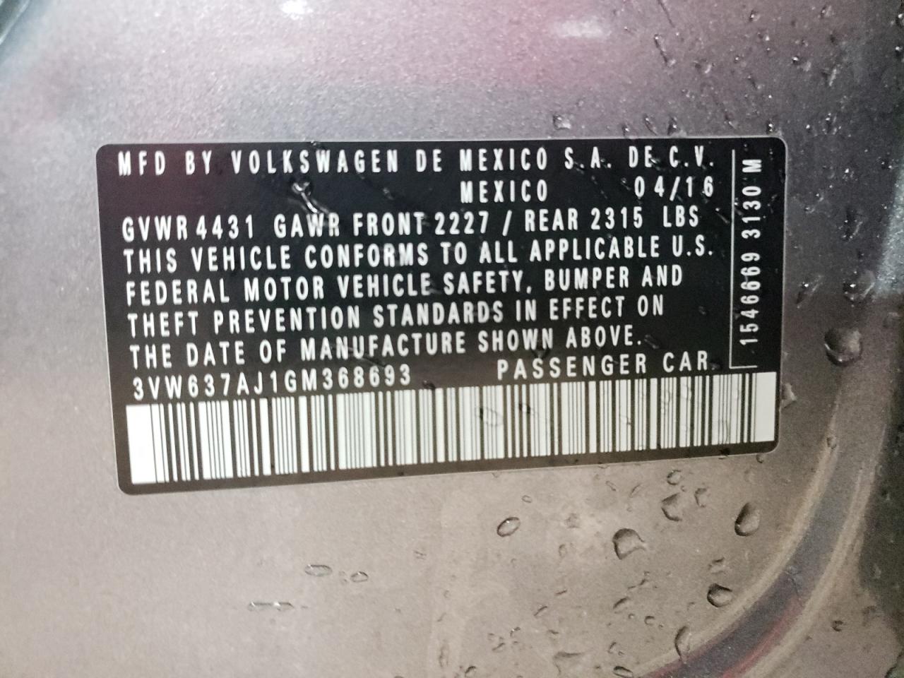 2016 Volkswagen Jetta VIN 3VW637AJ1GM368693 Copart auction photo, side damage thumbnail 12