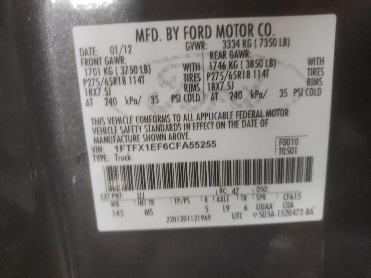 2012 Ford F-150 VIN 1FTFX1EF6CFA55255 Copart auction photo, rear end damage thumbnail 12