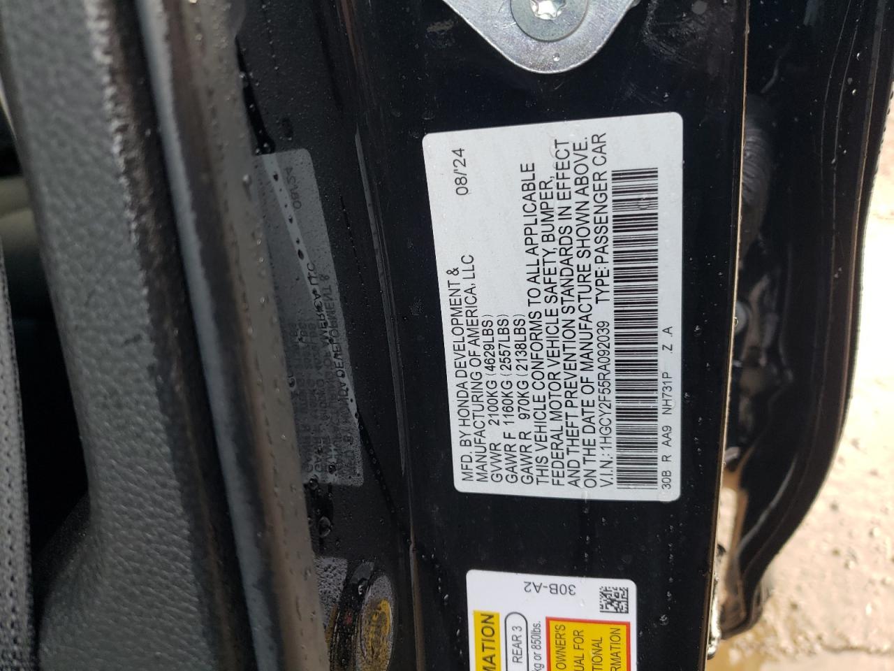 2024 Honda Accord VIN 1HGCY2F55RA092039 Copart auction photo, side / rear end damage thumbnail 12
