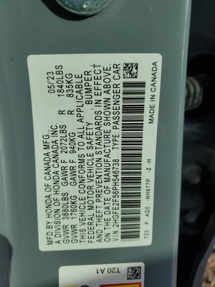 2023 Honda Civic VIN 2HGFE2F56PH546738 Copart auction photo, front end / rear end damage thumbnail 12