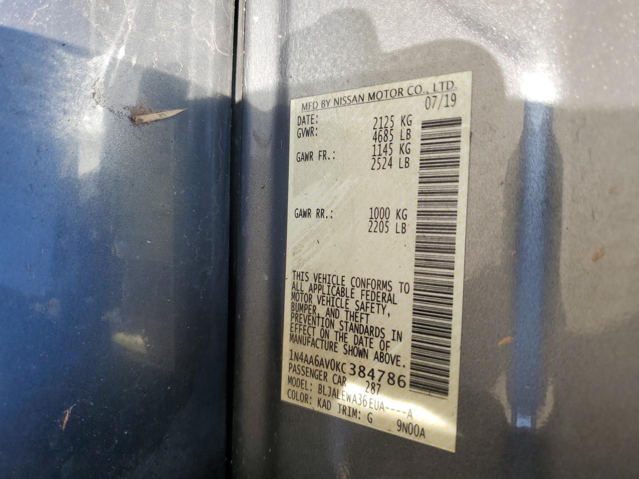 2019 Nissan Maxima VIN 1N4AA6AV0KC384786 Copart auction photo, rear end damage thumbnail 14