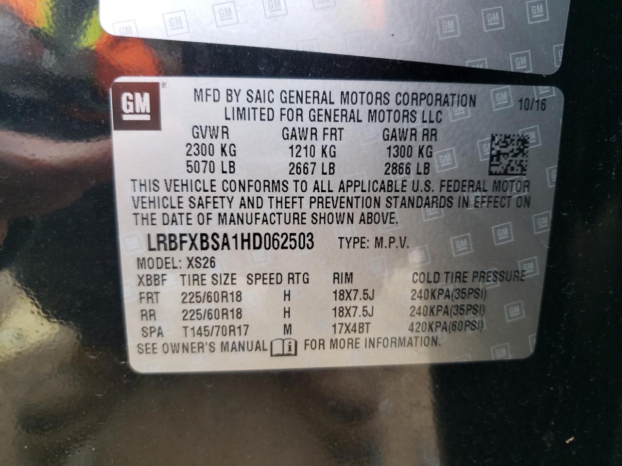 2017 Buick Envision VIN LRBFXBSA1HD062503 Copart auction photo, rear end damage thumbnail 13
