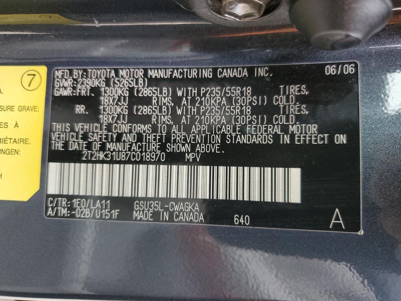 2007 Lexus RX VIN 2T2HK31U87C018970 Copart auction photo, rear end damage thumbnail 13