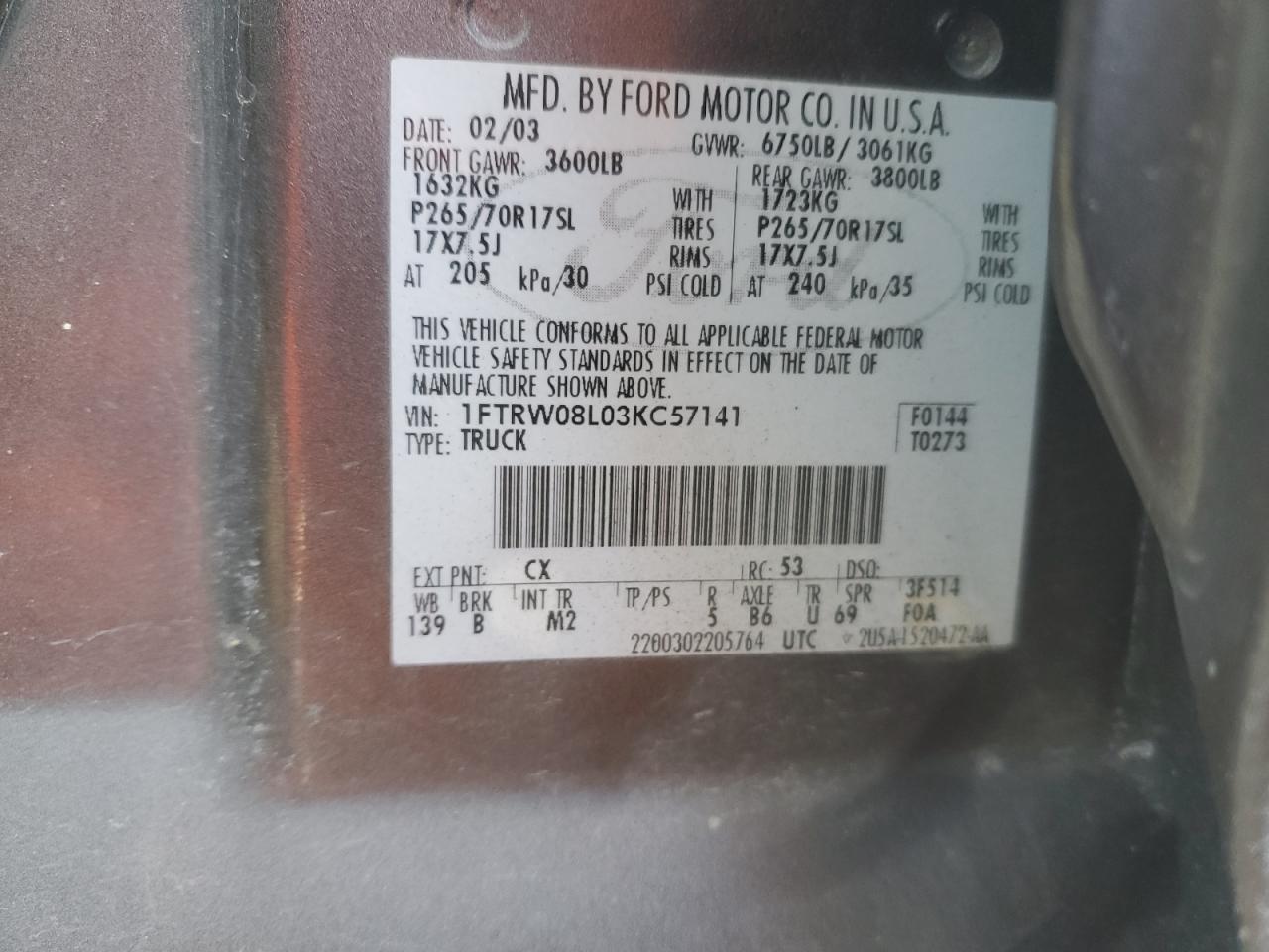 2003 Ford F-150 VIN 1FTRW08L03KC57141 Copart auction photo, front end damage thumbnail 12